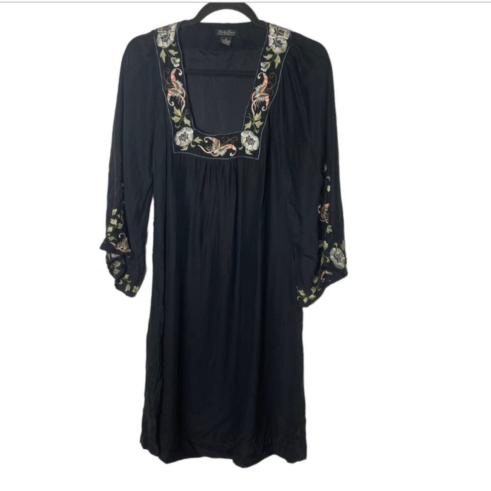Lucky Brand Women's Silk Floral Embroidery Bell Sleeve Shift Dress Black Size S